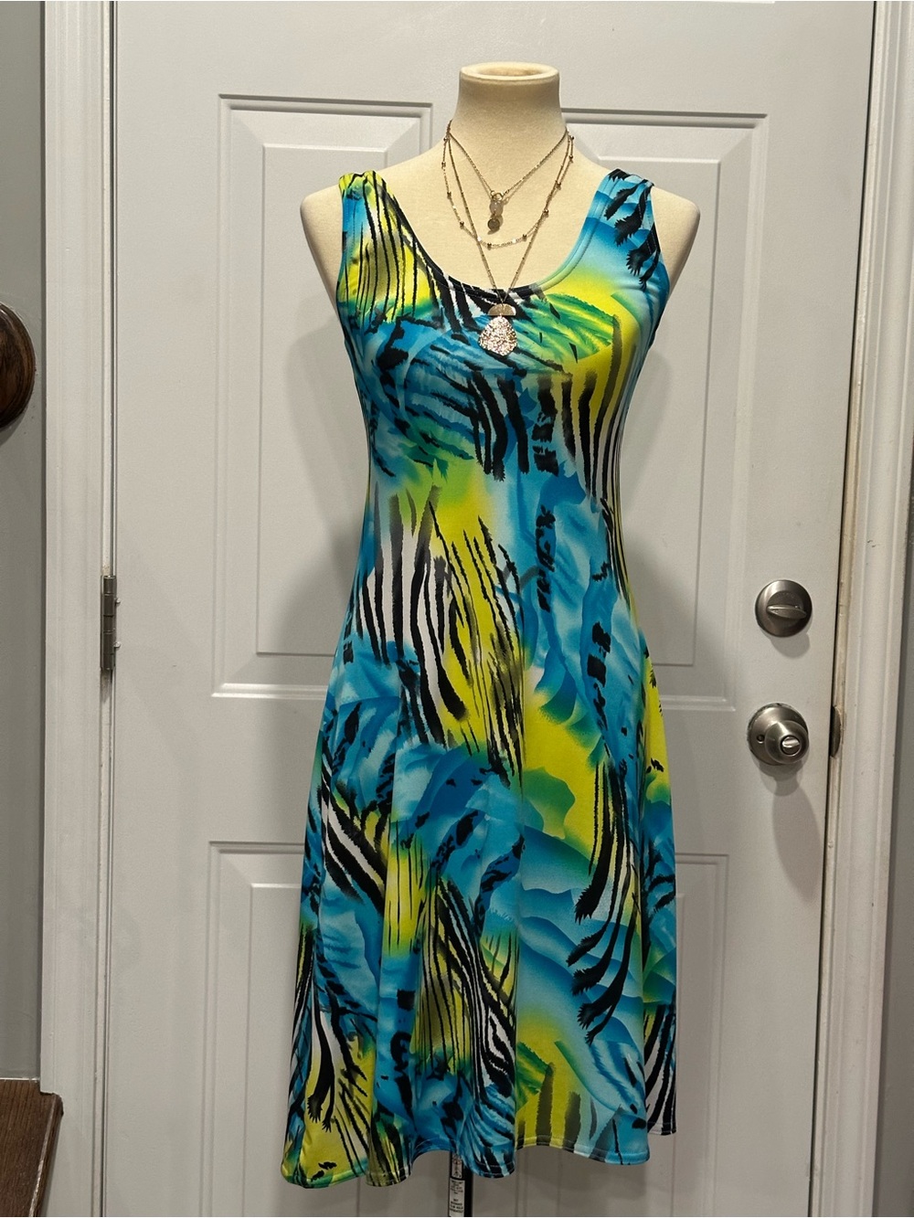 Sophie A Lime, Blue & Black Zebra-Print Sleeveless Dress Medium
